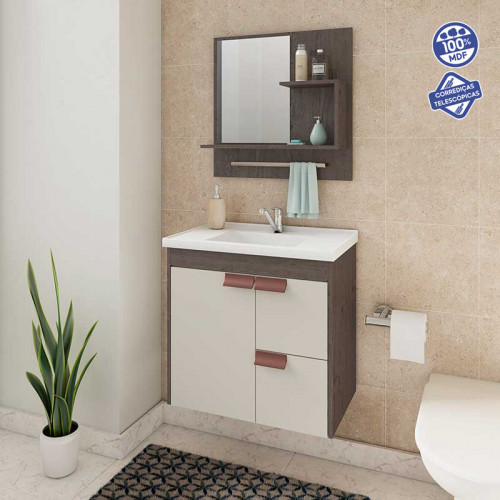 Gabinete Tulipa com Espelho 59cm Café/Branco - Mgm