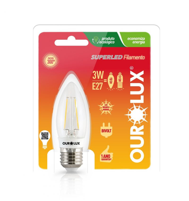 Lâmpada Led Vela Filam 3w E27 2700k 20185 - Ourolux 