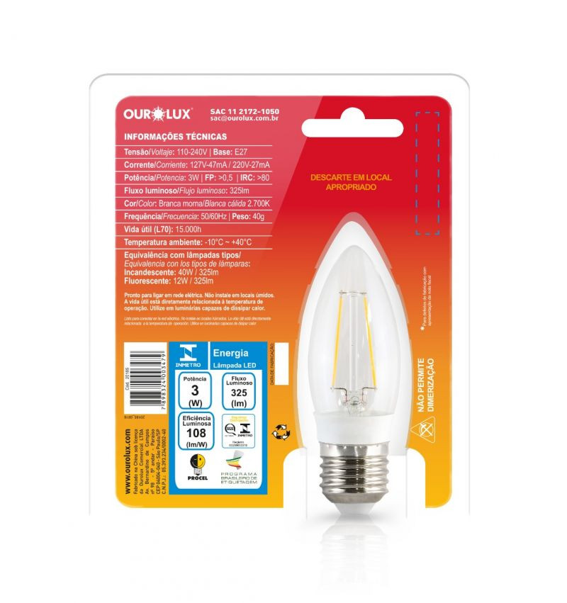 Lâmpada Led Vela Filam 3w E27 2700k 20185 - Ourolux 