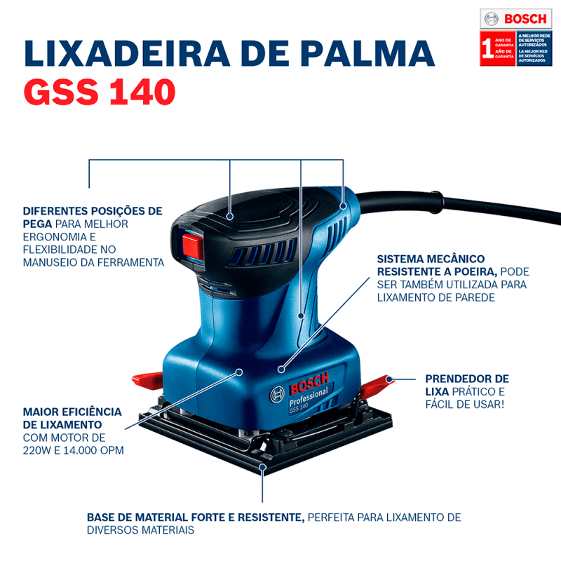Lixadeira Orbital de Palma Gss140 220w 220v com 3 Lixas - Bosch