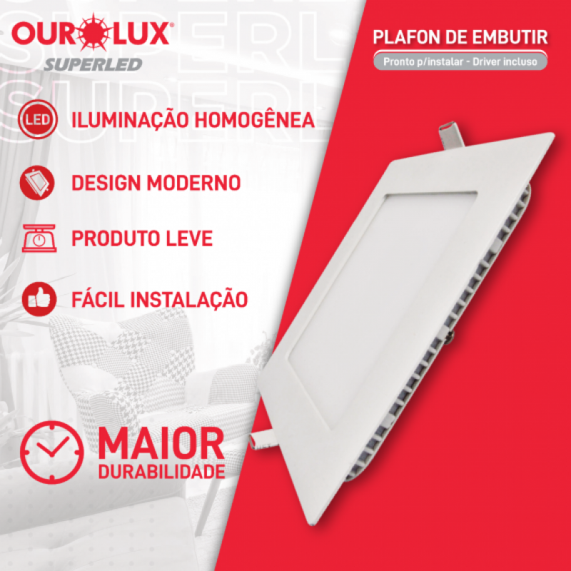 Plafon Superled Embutir 24W BIV 6500K Quadrado - Ourolux