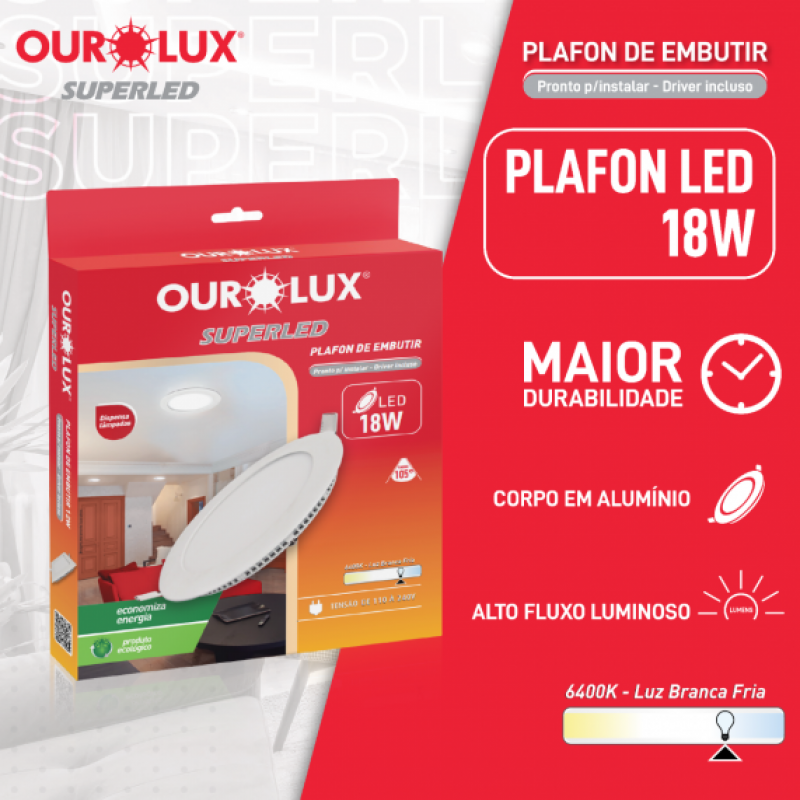 Plafon superled Embutir 18W BIV 6400K Redondo - Ourolux