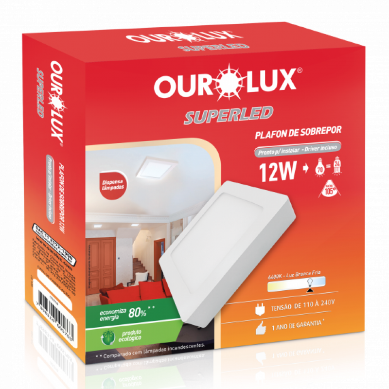 Plafon Superled Sobrepor 12W BIV 6400K Quadrado - Ourolux