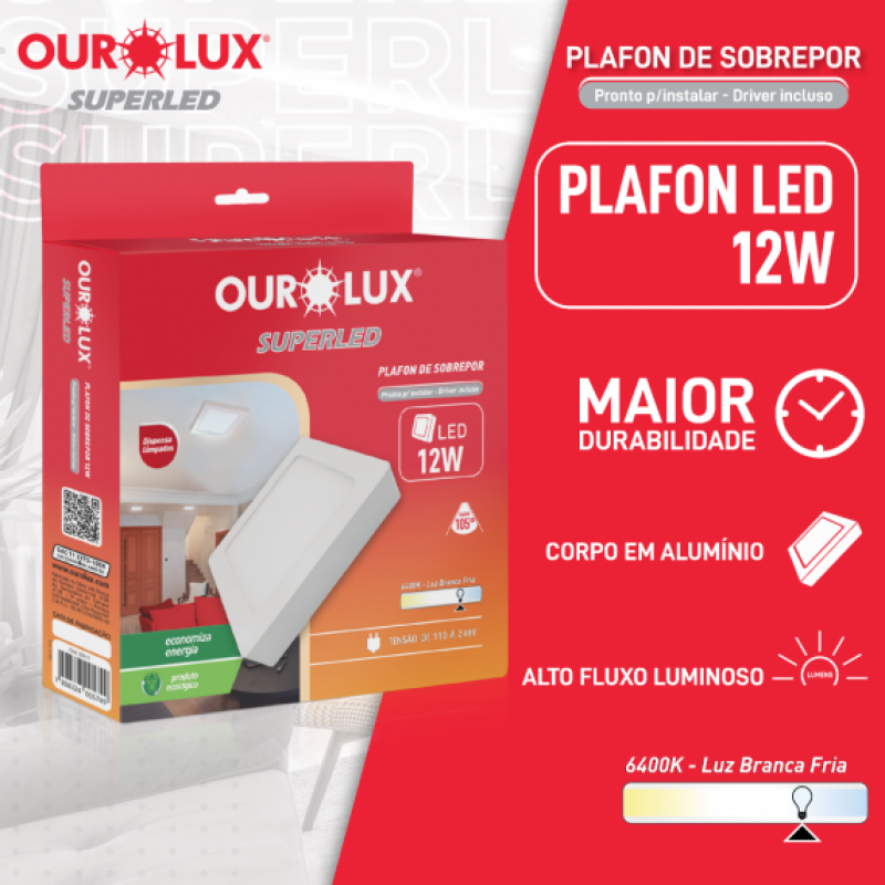 Plafon Superled Sobrepor 12W BIV 6400K Quadrado - Ourolux