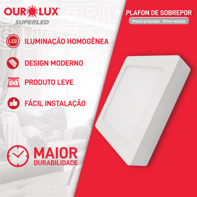 Plafon Superled Sobrepor 12W BIV 6400K Quadrado - Ourolux