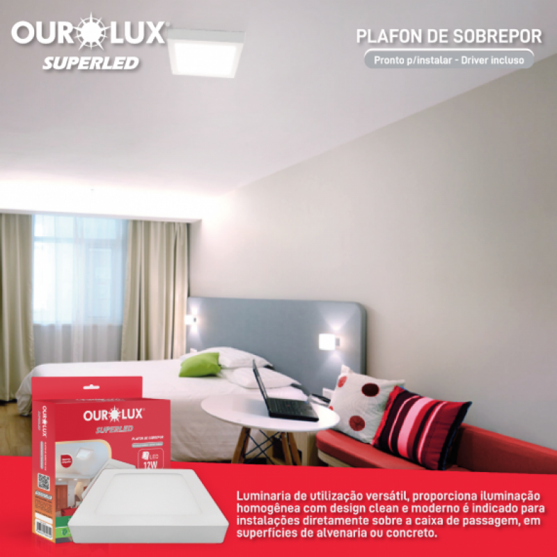 Plafon Superled Sobrepor 12W BIV 6400K Quadrado - Ourolux