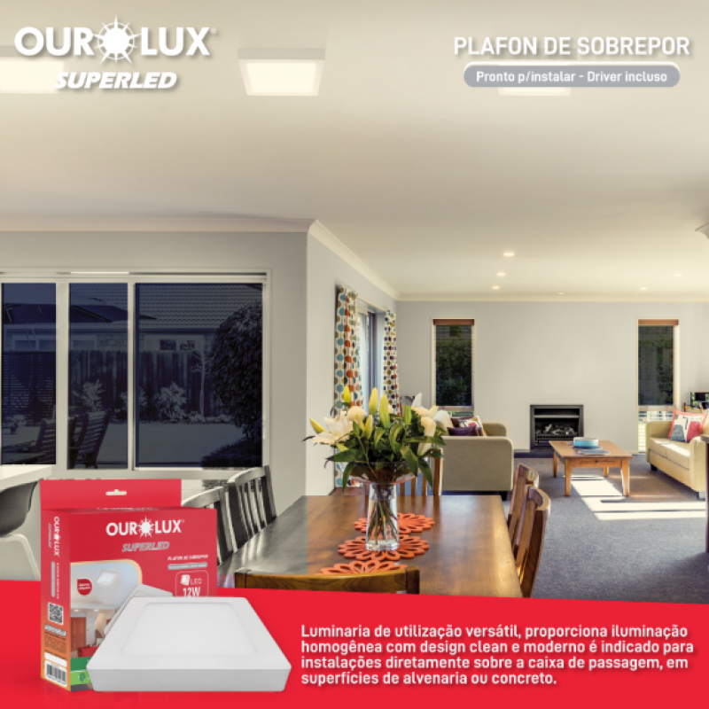 Plafon Superled Sobrepor 12W BIV 6400K Quadrado - Ourolux