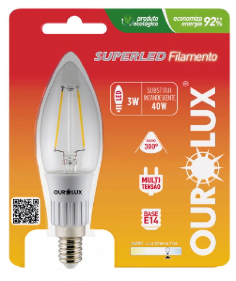  Lâmpada Led Vela Filamento 3W E14 6500K 20172 - Ourolux