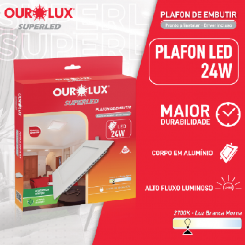  Plafon Embutir Led Quadrada 24W Bivolt 2700K - Ourolux