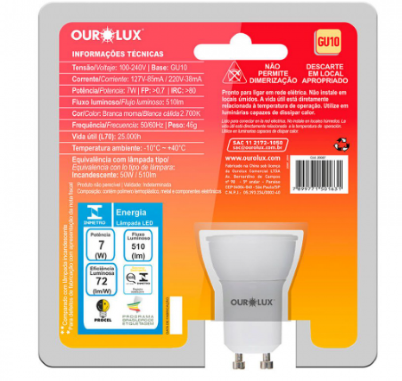 Lâmpada Dicdroica Led 7w Gu10 2700k 20087 - Ourolux
