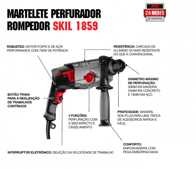 Martelete Perfurador Rompedor 1859 750W 220V, com 4 Acessórios, 1 Mandril em Maleta - Skil