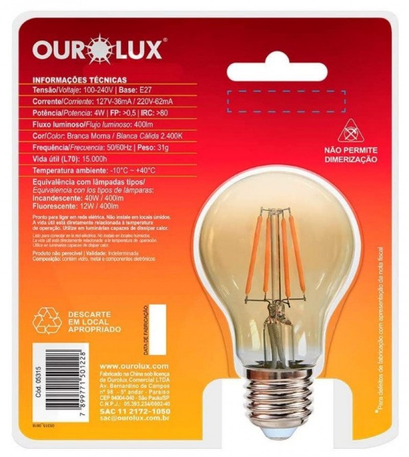 Vintage Led Bulb A60 4w Biv 2400k - Ourolux 