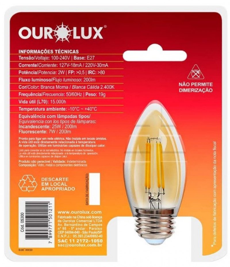 Vintage Led Vela 2w Biv 2400k - Ourolux